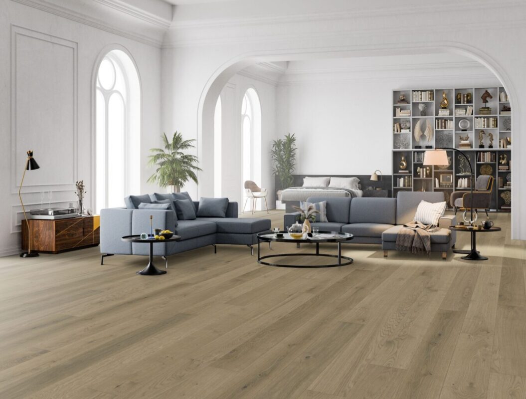 Classic style interior, open space with living room and bedroom architecture. 3D generated image.